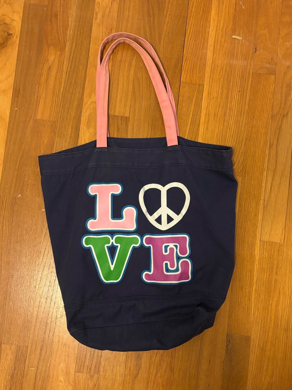Navy LOVE Canvas Tote with Pink Handles